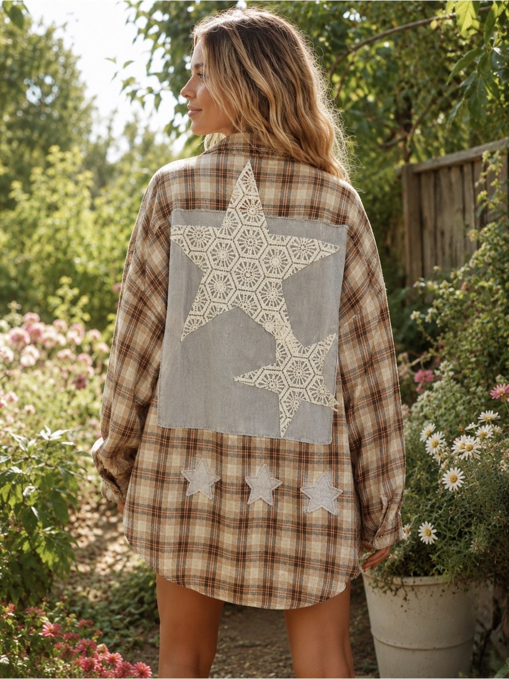 BlueVelvet XL Long Plaid Shirt/Duster with Star Accents